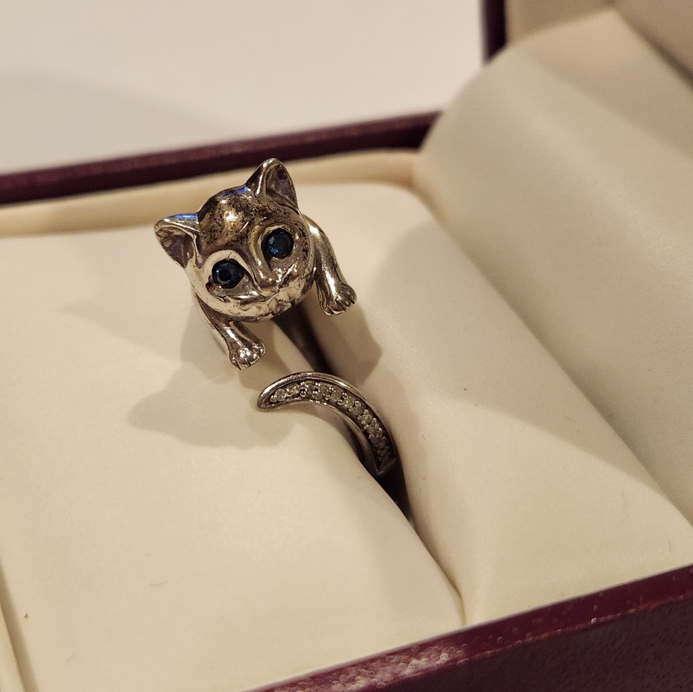 Zales 925 Silver Cat Ring with Blue Topaz and Diamonds